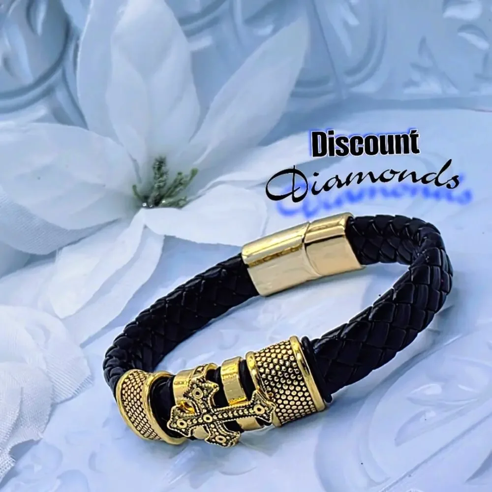 Black Braded Leather with 18K Yellow Gold Plated Black Titanium